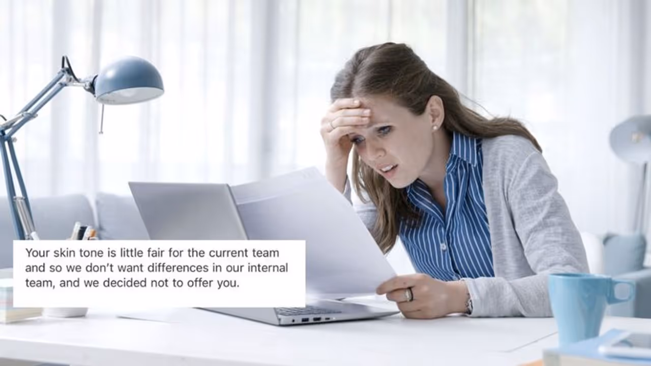 ತುಂಬಾ ಬೆಳ್ಳಗಿದ್ದೀಯಮ್ಮಾ, ಕೆಲ್ಸ ಕೊಡೋಕಾಗಲ್ಲ, ಟೀಮ್ನಲ್ಲಿ ತೊಂದ್ರೆಯಾಗುತ್ತೆ ಎಂದ ಕಂಪೆನಿ! ತುಂಬಾ ಬೆಳ್ಳಗಿದ್ದೀಯಮ್ಮಾ, ಕೆಲ್ಸ ಕೊಡೋಕಾಗಲ್ಲ, ಟೀಮ್ನಲ್ಲಿ ತೊಂದ್ರೆಯಾಗುತ್ತೆ ಎಂದ ಕಂಪೆನಿ!