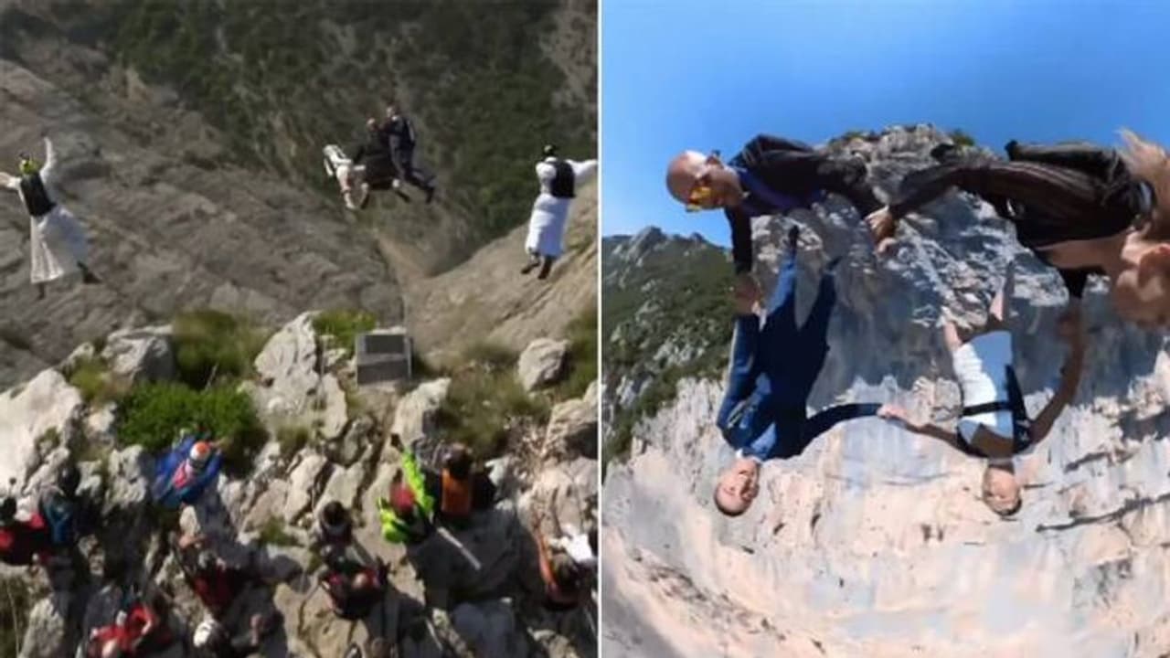 സാഹസികം, അതിഥികൾക്കൊപ്പം സ്കൈഡൈവിംഗ് നടത്തി വധുവും വരനും; വൈറലായി വിവാഹാഘോഷം സാഹസികം, അതിഥികൾക്കൊപ്പം സ്കൈഡൈവിംഗ് നടത്തി വധുവും വരനും; വൈറലായി വിവാഹാഘോഷം