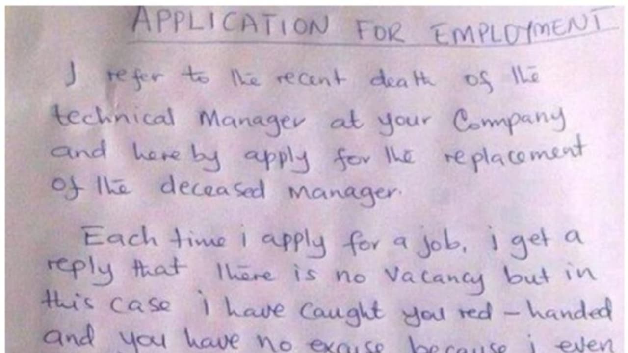 'മരിച്ച മാനേജറുടെ മരണ സര്ട്ടിഫിക്കറ്റ് ഒപ്പം വച്ച് ഒരു ജോലി അപേക്ഷ'; കണ്ണ് തള്ളി നെറ്റിസണ്സ്! 'മരിച്ച മാനേജറുടെ മരണ സര്ട്ടിഫിക്കറ്റ് ഒപ്പം വച്ച് ഒരു ജോലി അപേക്ഷ'; കണ്ണ് തള്ളി നെറ്റിസണ്സ്!