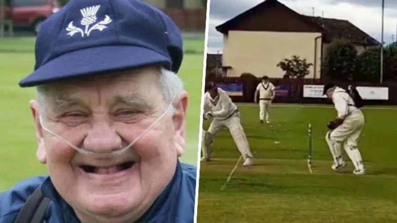 83 year old Scottish cricketer Alex Steele plays cricket with oxygen cylinder on his back (Watch)