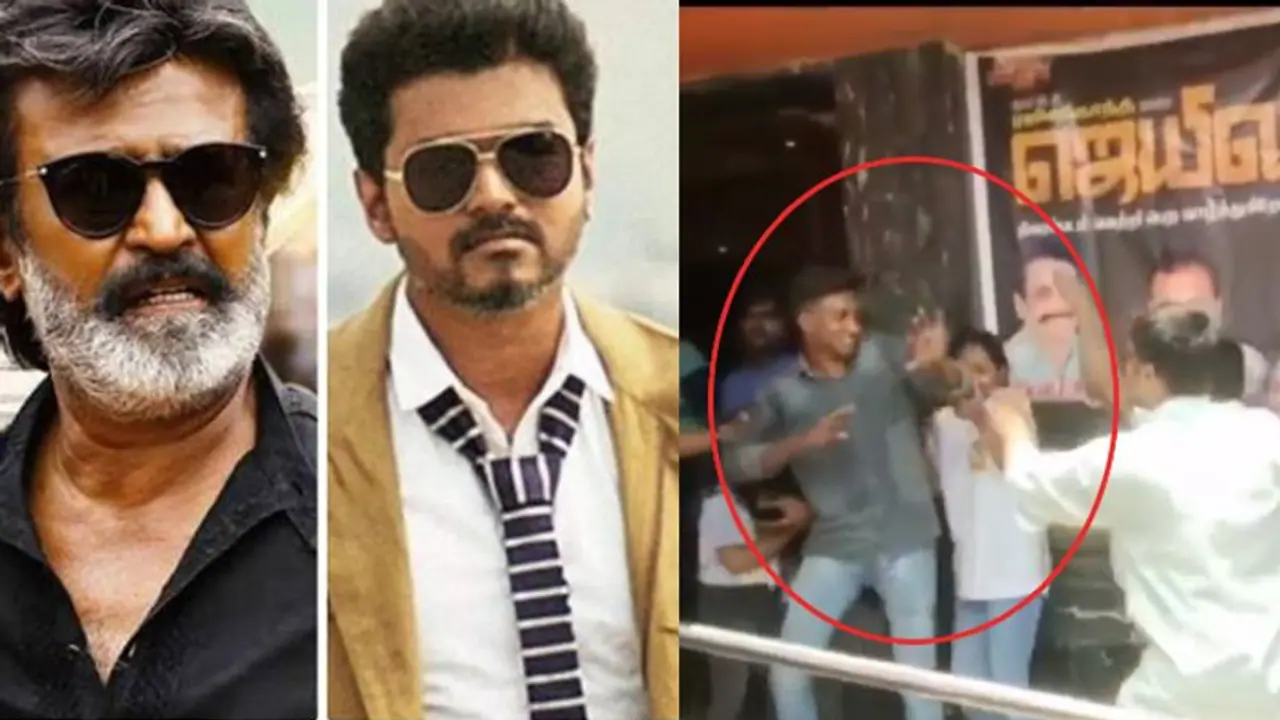 தளபதி விஜய் ரசிகரை தரதரவென இழுத்துபோட்டி தர்ம அடி கொடுத்த ரஜினி ரசிகர்கள் வைரலாகும் வீடியோ