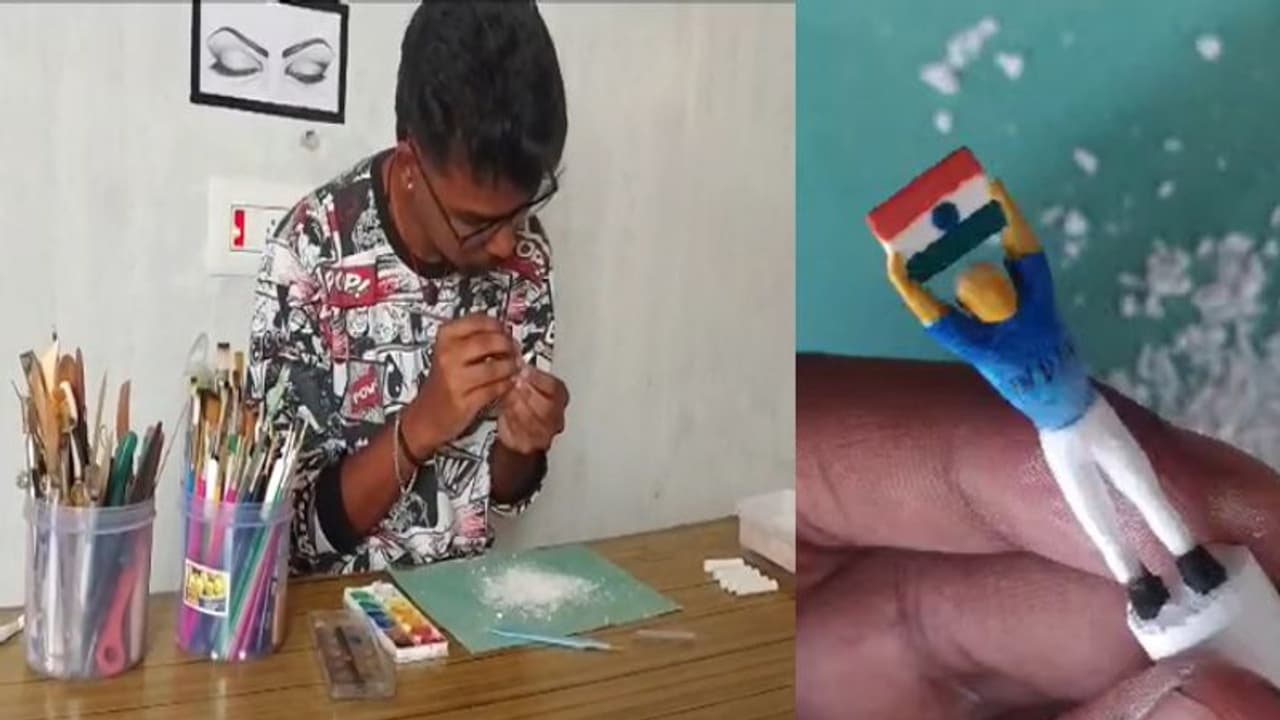 மூவர்ண கொடியேந்திய இளைஞரின் உருவம்.. சாக்பீசில் செதுக்கிய நேர்த்தி இளம் சிற்பி அசத்தல்! 