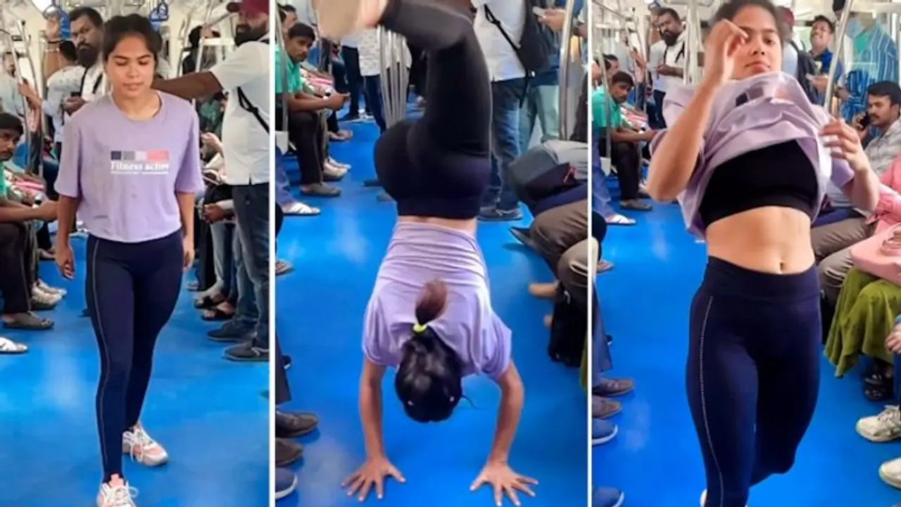 Viral video: Woman does somersault in Bengaluru metro coach, netizens react Viral video: Woman does somersault in Bengaluru metro coach, netizens react