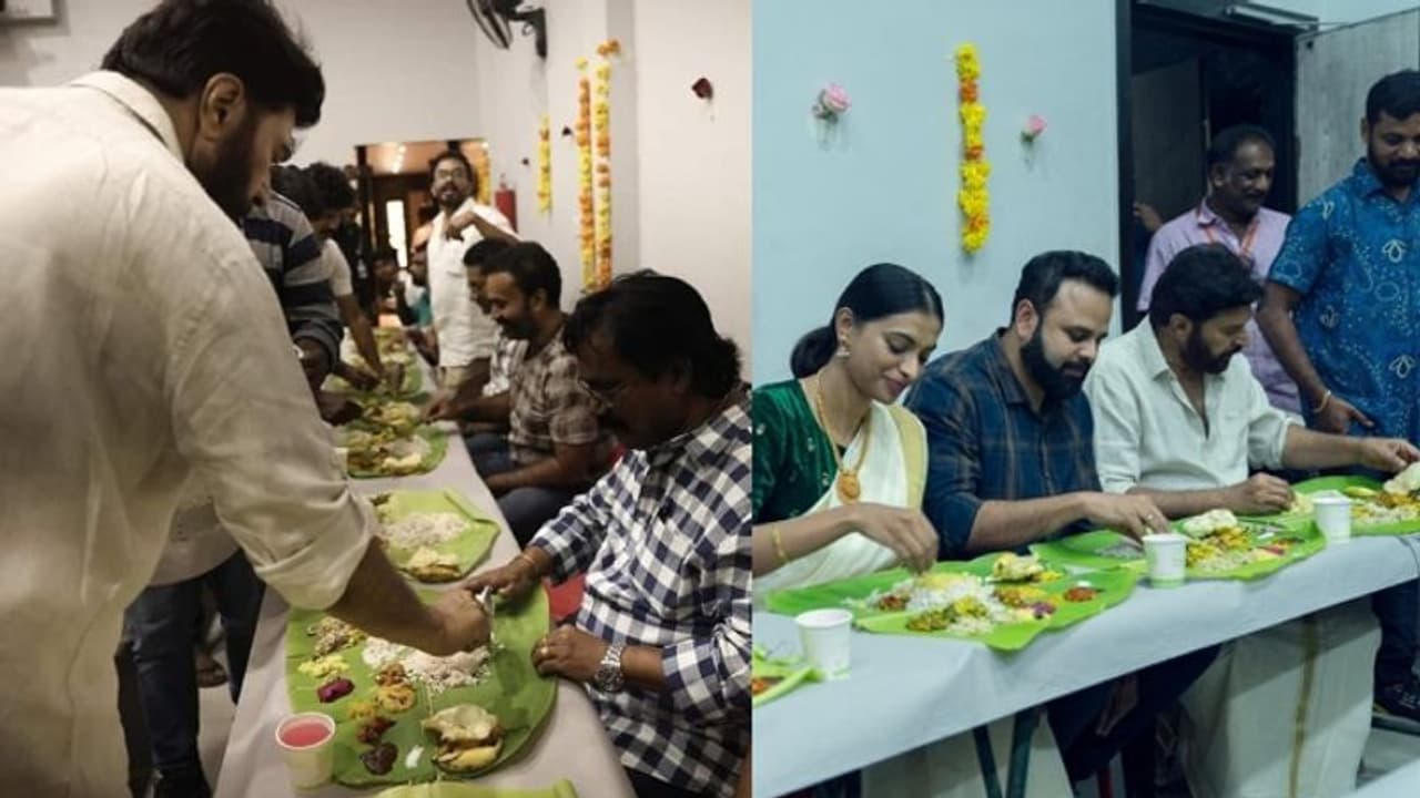 സദ്യ വിളമ്പി, ഓണമുണ്ട് സിനിമാ സെറ്റില്‍ മമ്മൂട്ടി: വീഡിയോ