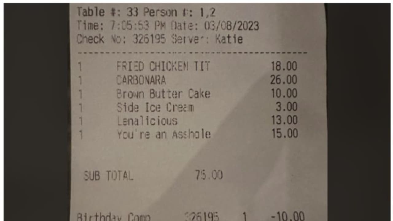 റെസ്റ്റോറന്‍റില്‍ നിന്നും ലഭിച്ച ബില്ലില്‍ 'മുട്ടന്‍ തെറി'ക്ക് 15 ഡോളർ; വിചിത്രമായ ബില്ല് വൈറല്‍ !