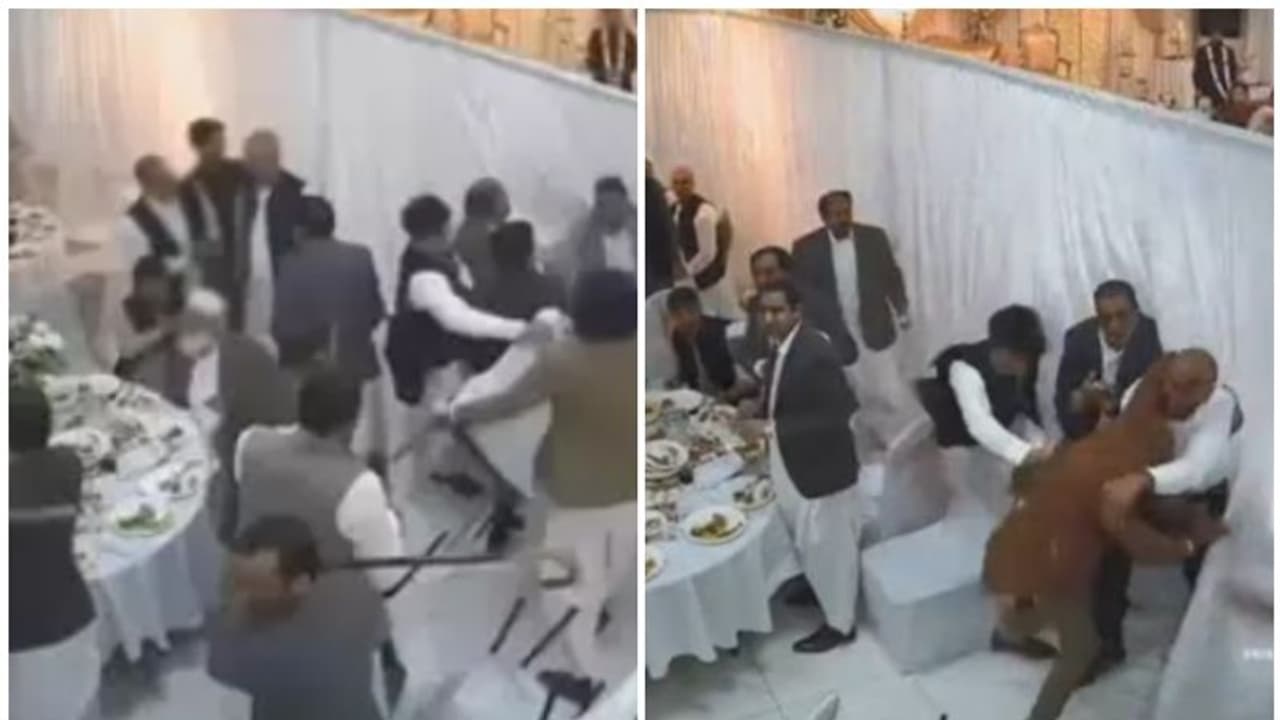 വിവാഹ വിരുന്നില് ഭക്ഷണം കഴിക്കുന്നതിനിടെ കൂട്ടയടി; അതിഥികള് കസേര കൊണ്ട് പരസ്പരം അടിച്ചു, വൈറല് വീഡിയോ വിവാഹ വിരുന്നില് ഭക്ഷണം കഴിക്കുന്നതിനിടെ കൂട്ടയടി; അതിഥികള് കസേര കൊണ്ട് പരസ്പരം അടിച്ചു, വൈറല് വീഡിയോ