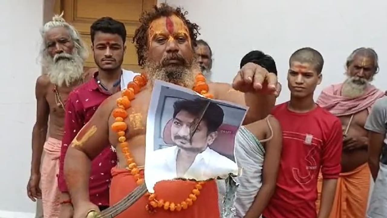 Sanatana Dharma row: UP saint announces 10 cr reward for 'beheading' Udhayanidhi Stalin; burns poster (WATCH) Sanatana Dharma row: UP saint announces 10 cr reward for 'beheading' Udhayanidhi Stalin; burns poster (WATCH)