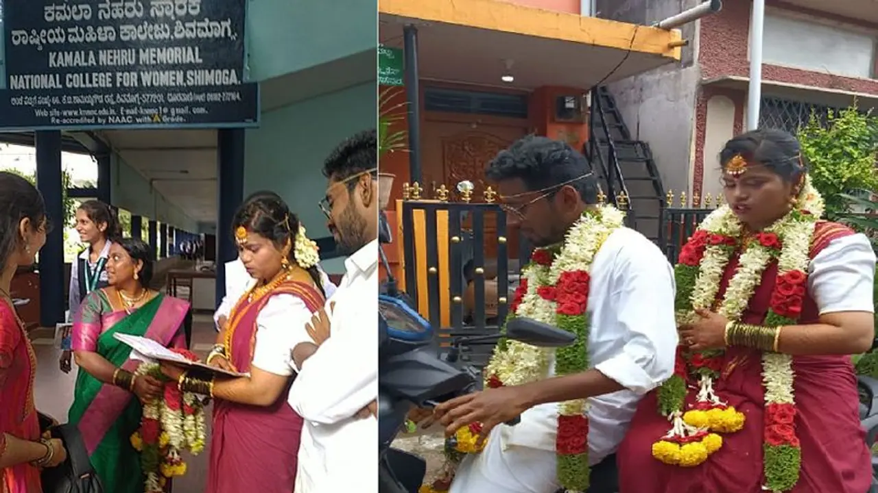 ಮಾಂಗಲ್ಯಧಾರಣೆಯಾದ ನಂತರ ವಧುವನ್ನು ಪರೀಕ್ಷೆ ಕೇಂದ್ರಕ್ಕೆ ಕರೆತಂದ ವರ: ಮದುವೆ ವಸ್ತ್ರದಲ್ಲೇ ಪರೀಕ್ಷೆ! ಮಾಂಗಲ್ಯಧಾರಣೆಯಾದ ನಂತರ ವಧುವನ್ನು ಪರೀಕ್ಷೆ ಕೇಂದ್ರಕ್ಕೆ ಕರೆತಂದ ವರ: ಮದುವೆ ವಸ್ತ್ರದಲ್ಲೇ ಪರೀಕ್ಷೆ!