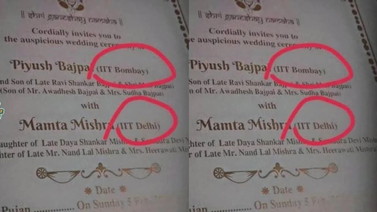 'ಐಐಟಿ ಬಾಂಬೆ ವರ, ಐಐಟಿ ಡೆಲ್ಲಿ ವಧು..' ಮದುವೆ ಕಾರ್ಡ್ ವೈರಲ್, 'ಸ್ಯಾಲರಿ' ಕೂಡ ಪ್ರಿಂಟ್ ಮಾಡ್ಸಿ ಎಂದ ನೆಟ್ಟಿಗರು! 'ಐಐಟಿ ಬಾಂಬೆ ವರ, ಐಐಟಿ ಡೆಲ್ಲಿ ವಧು..' ಮದುವೆ ಕಾರ್ಡ್ ವೈರಲ್, 'ಸ್ಯಾಲರಿ' ಕೂಡ ಪ್ರಿಂಟ್ ಮಾಡ್ಸಿ ಎಂದ ನೆಟ್ಟಿಗರು!