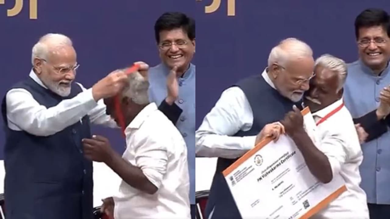 പളനിവേലിനെ ചേര്‍ത്തുപിടിച്ച് പ്രധാനമന്ത്രി; വിശ്വകര്‍മ പദ്ധതി പ്രഖ്യാപനത്തിനിടെ വികാരനിര്‍ഭര രംഗങ്ങള്‍