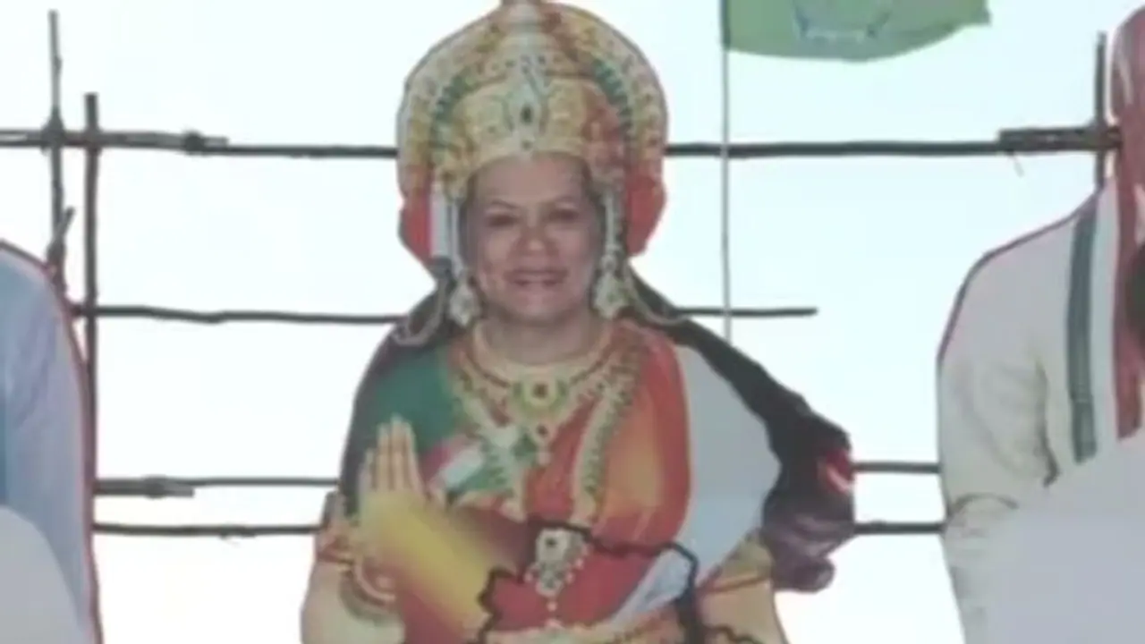 Sonia Gandhi featured as 'Bharat Mata' on Telangana hoarding, BJP raps Congress (WATCH) Sonia Gandhi featured as 'Bharat Mata' on Telangana hoarding, BJP raps Congress (WATCH)