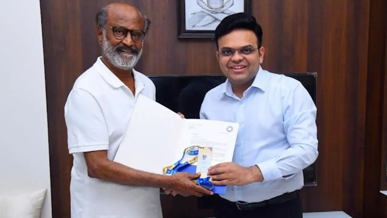 ICC Cricket World Cup 2023: Rajnikanth receives BCCI 'Golden Ticket' from Jay Shah after Amitabh Bachchan ICC Cricket World Cup 2023: Rajnikanth receives BCCI 'Golden Ticket' from Jay Shah after Amitabh Bachchan