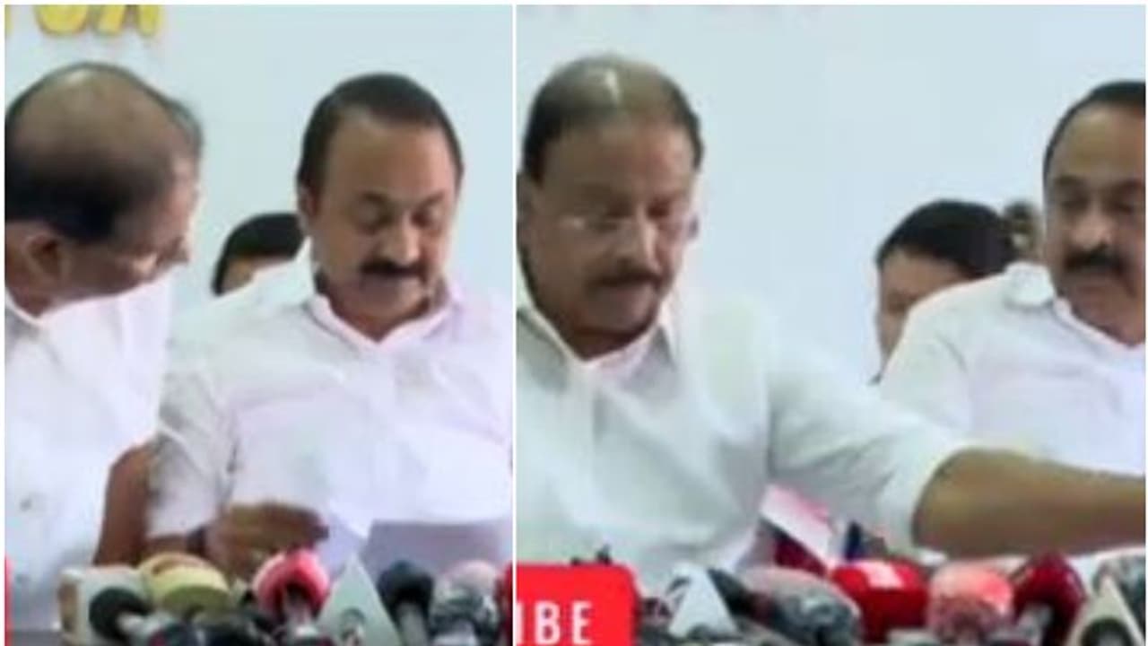 ആരാദ്യം പറയും...; മൈക്കിന് പിടിവലിയുമായി സതീശനും സുധാകരനും, സോഷ്യൽമീഡിയയിൽ വിമർശനവും ട്രോളും