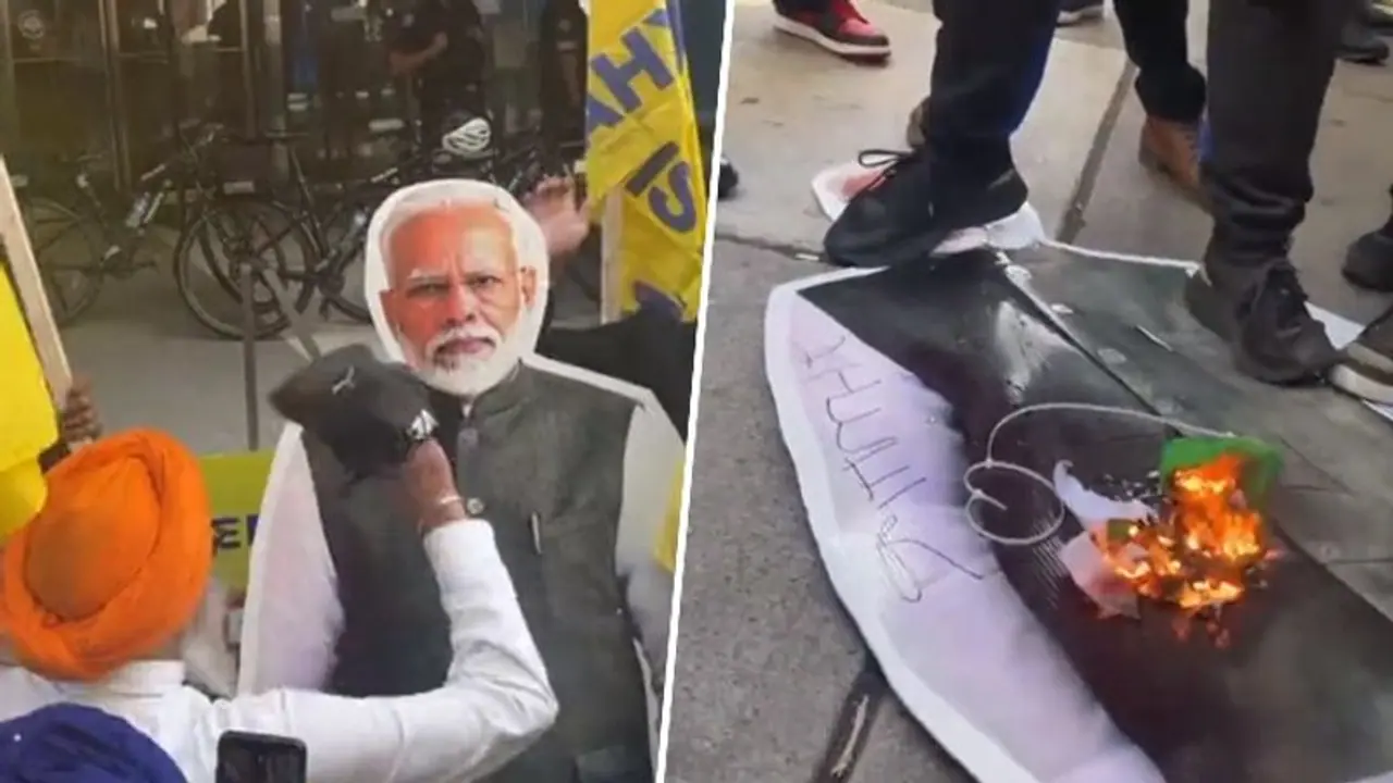 WATCH: Pro Khalistanis spit, smack shoe on PM Modi's effigy; burn tricolour outside Toronto's Indian consulate