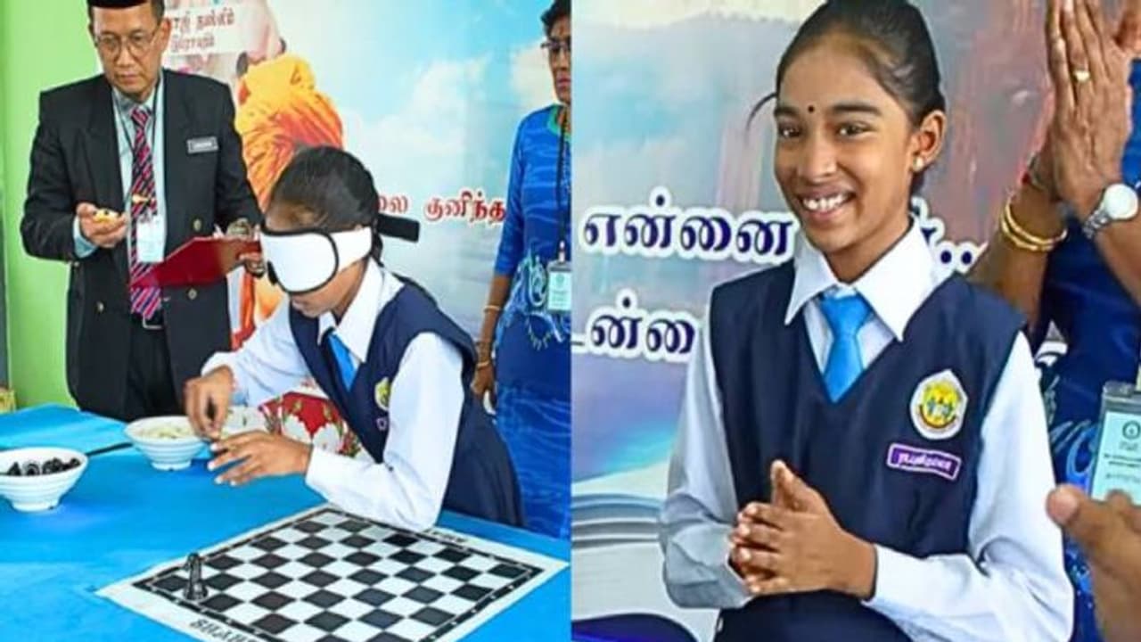 കണ്ണുകെട്ടി ചെസ്സ്ബോർഡ് ക്രമീകരിക്കാമോ? അതും 46 സെക്കന്റിനുള്ളില്, ലോകറെക്കോർഡുമായി 10 വയസുകാരി കണ്ണുകെട്ടി ചെസ്സ്ബോർഡ് ക്രമീകരിക്കാമോ? അതും 46 സെക്കന്റിനുള്ളില്, ലോകറെക്കോർഡുമായി 10 വയസുകാരി