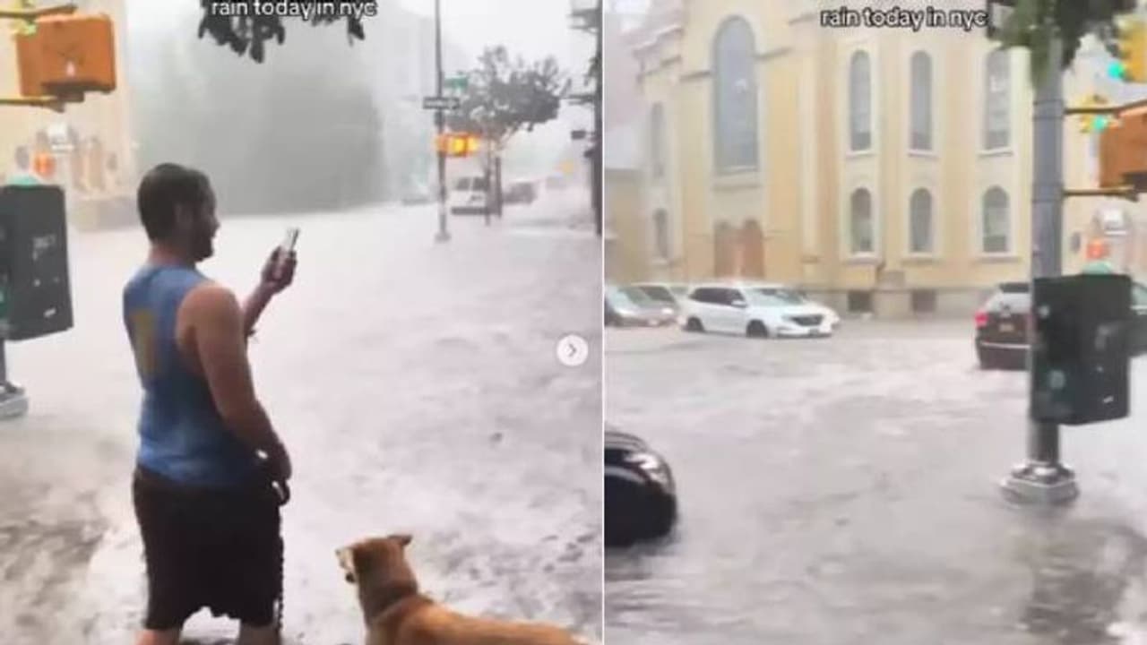 കനത്ത വെള്ളപ്പൊക്കം വകവയ്ക്കാതെ നായയുമായി നടക്കാനിറങ്ങി യുവാവ്; വൈറലായി വീഡിയോ
