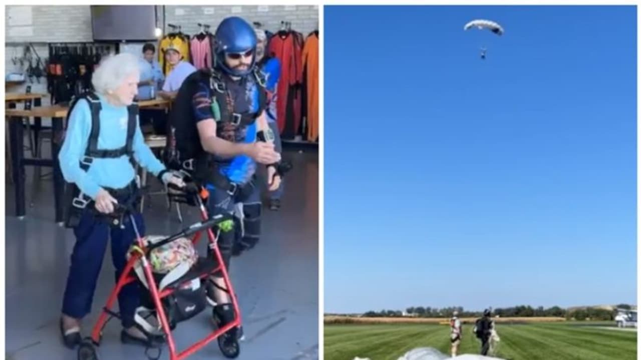 നടക്കാന്‍ വാക്കര്‍ വേണം, എന്നിട്ടും 13,500 അടി ഉയരത്തിൽ നിന്ന് സ്കൈ ഡൈവിംഗ് നടത്തി 104 കാരി മുത്തശ്ശി !