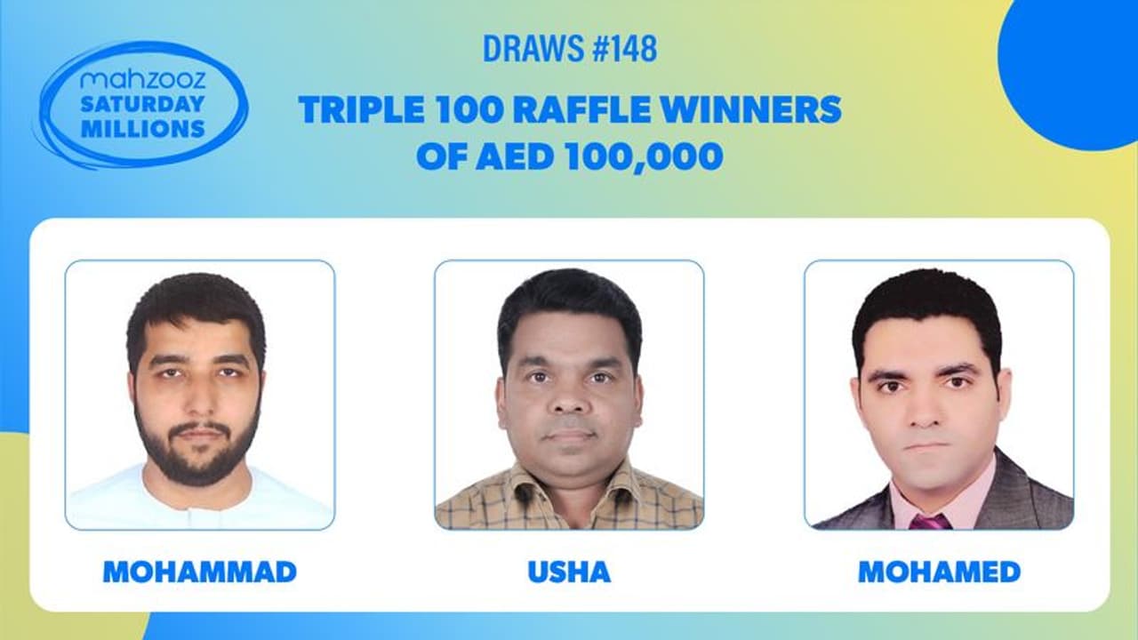 മഹ്സൂസ് റാഫിൾ ഡ്രോയിലൂടെ AED 100,000 സമ്മാനം സ്വന്തമാക്കി മൂന്ന് ഭാഗ്യശാലികൾ മഹ്സൂസ് റാഫിൾ ഡ്രോയിലൂടെ AED 100,000 സമ്മാനം സ്വന്തമാക്കി മൂന്ന് ഭാഗ്യശാലികൾ