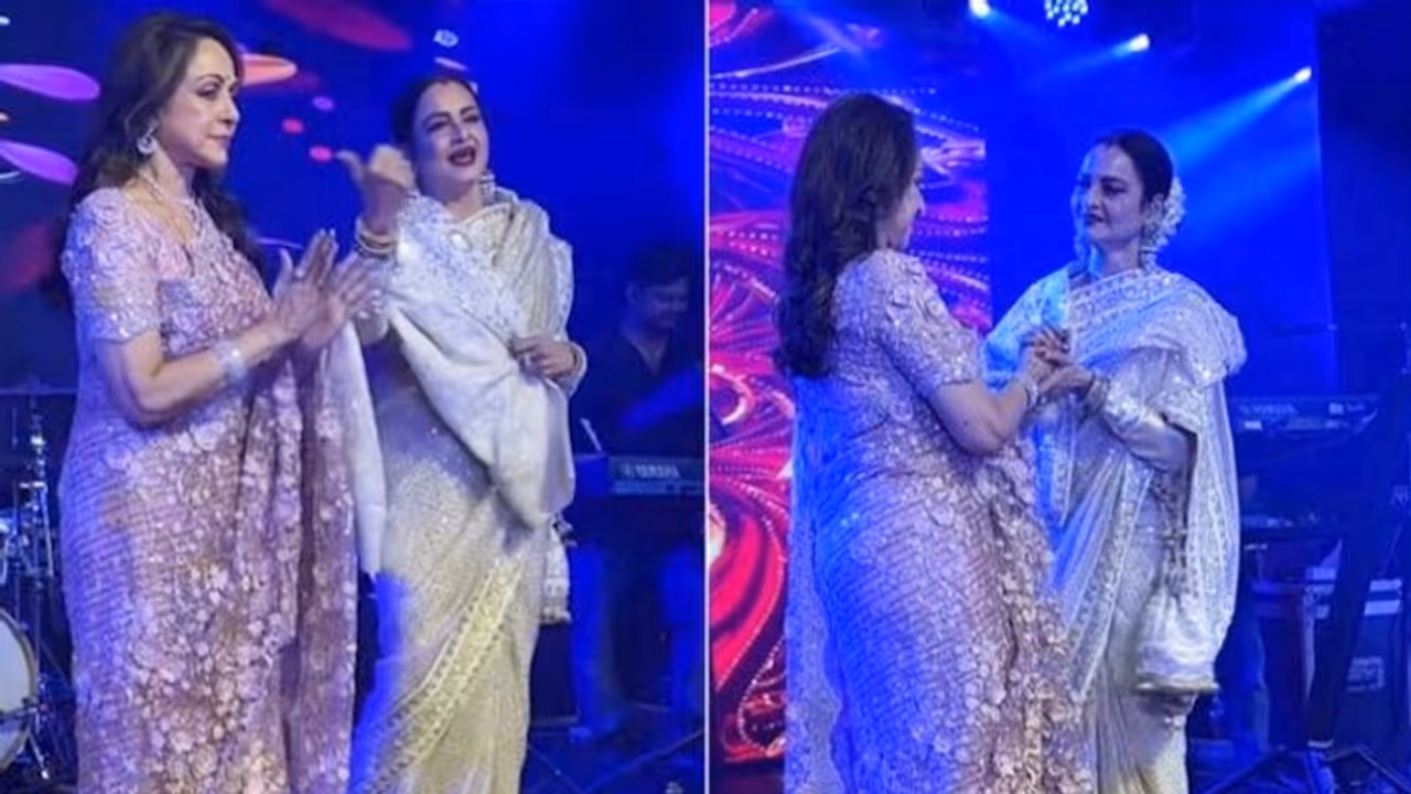 Video: Hema Malini and Rekha dance to 'Kya Khoob Lagti Ho,' share a kiss and hug onstage Video: Hema Malini and Rekha dance to 'Kya Khoob Lagti Ho,' share a kiss and hug onstage