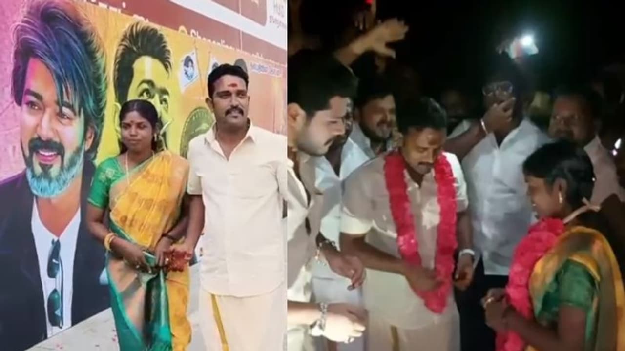 വിവാഹത്തലേന്ന് തിയറ്ററിലെത്തി മാലയിട്ട് വിജയ് ആരാധകരായ വധൂവരന്മാര്‍; 'ലിയോ' ഫസ്റ്റ് ഷോ കാഴ്ച: വീഡിയോ