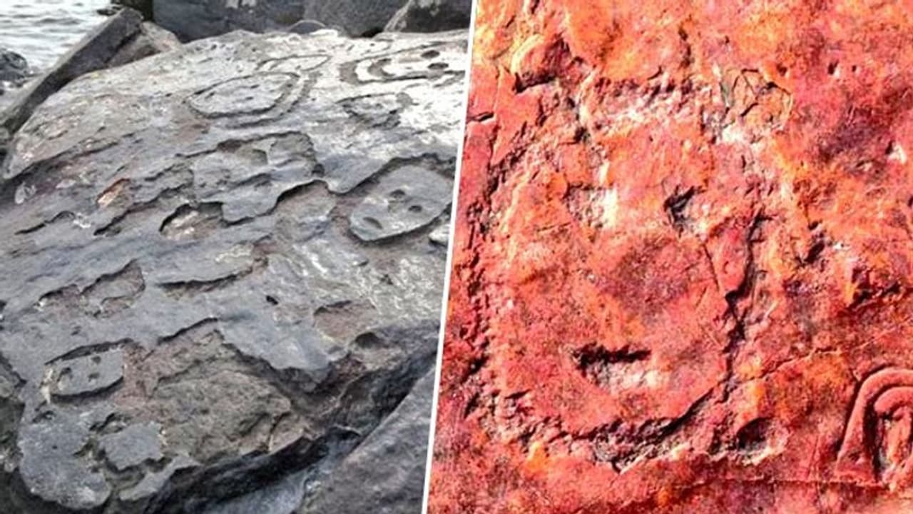'Look like emojis': Amazon river drought reveals 2,000 year old human faces carved in stone (WATCH)