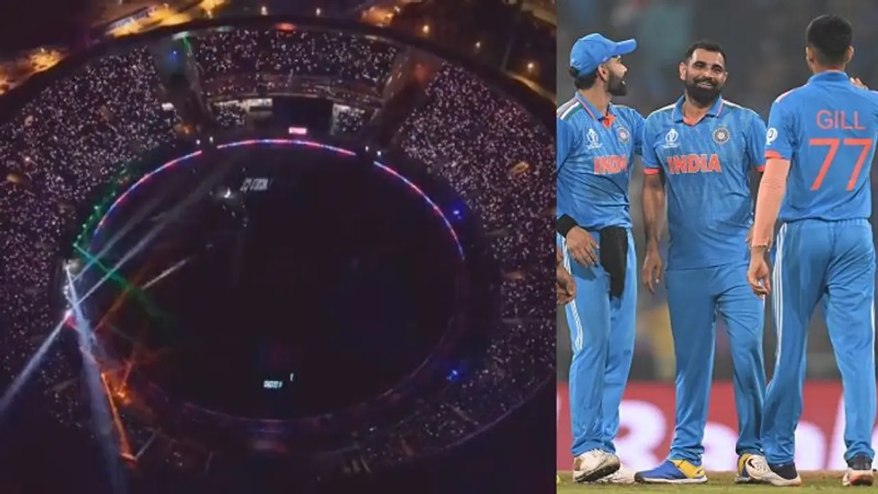 Goosebumps! Fans sing Vande Mataram along with dazzling light show after India's WC win over England (WATCH) Goosebumps! Fans sing Vande Mataram along with dazzling light show after India's WC win over England (WATCH)
