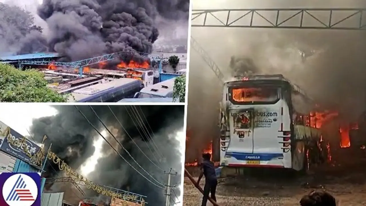 Fire erupts in Bengaluru's Veerabhadra Nagar; blaze engulfs around 30 buses (WATCH) Fire erupts in Bengaluru's Veerabhadra Nagar; blaze engulfs around 30 buses (WATCH)