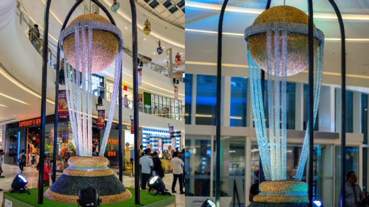Cricket World Cup replica made of record 16,185 hexagonal nuts installed at Lulu Mall Trivandrum!