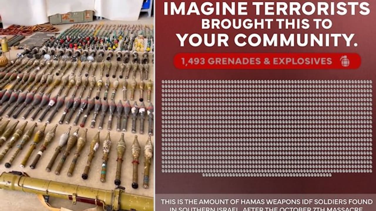 1,493 hand grenades, 760 RPGs, 427 explosive belts & more: Israel exposes Hamas' chilling arsenal (WATCH) 1,493 hand grenades, 760 RPGs, 427 explosive belts & more: Israel exposes Hamas' chilling arsenal (WATCH)