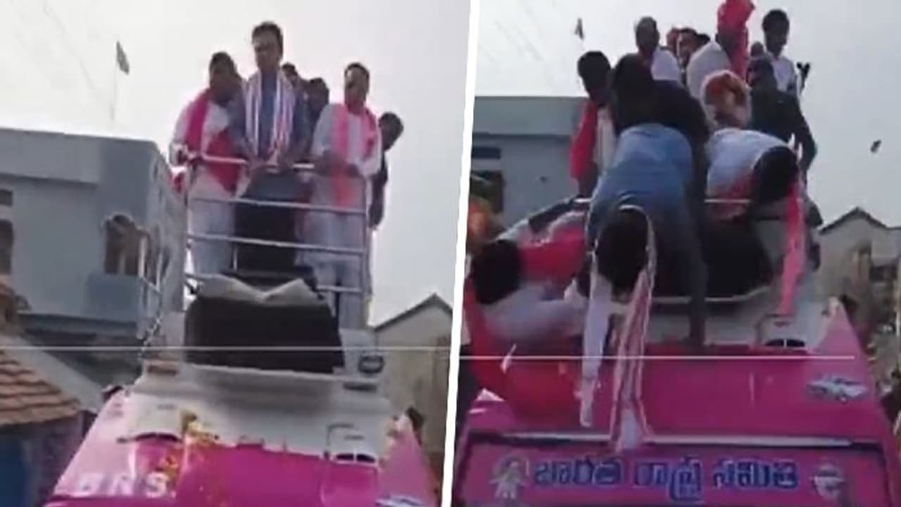 Telangana Minister KTR falls from election rally vehicle in Nizamabad (WATCH)