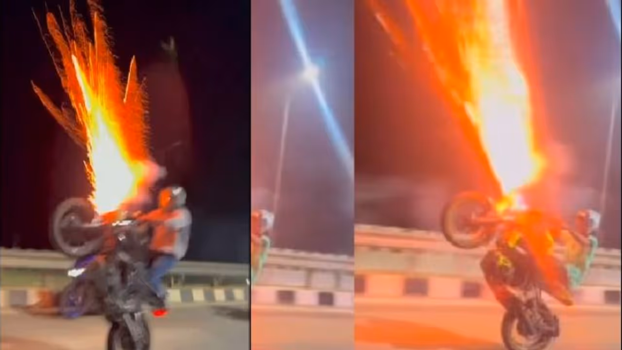 ಬೈಕ್ ಮೇಲೆ ಪಟಾಕಿ ಶಾಟ್ಸ್‌ ಇಟ್ಟು ಸ್ಪೋಟಿಸುತ್ತಾ ವ್ಹೀಲಿಂಗ್ : ಭಯಾನಕ ವೀಡಿಯೋ ವೈರಲ್: ಬೈಕರ್ ಅಂದರ್