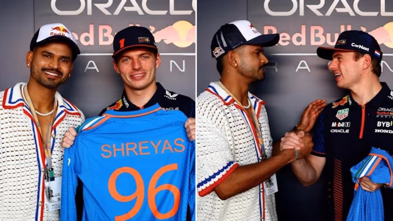 Max Verstappen presented with the Indian jersey by Shreyas Iyer in Abu Dhabi Max Verstappen presented with the Indian jersey by Shreyas Iyer in Abu Dhabi