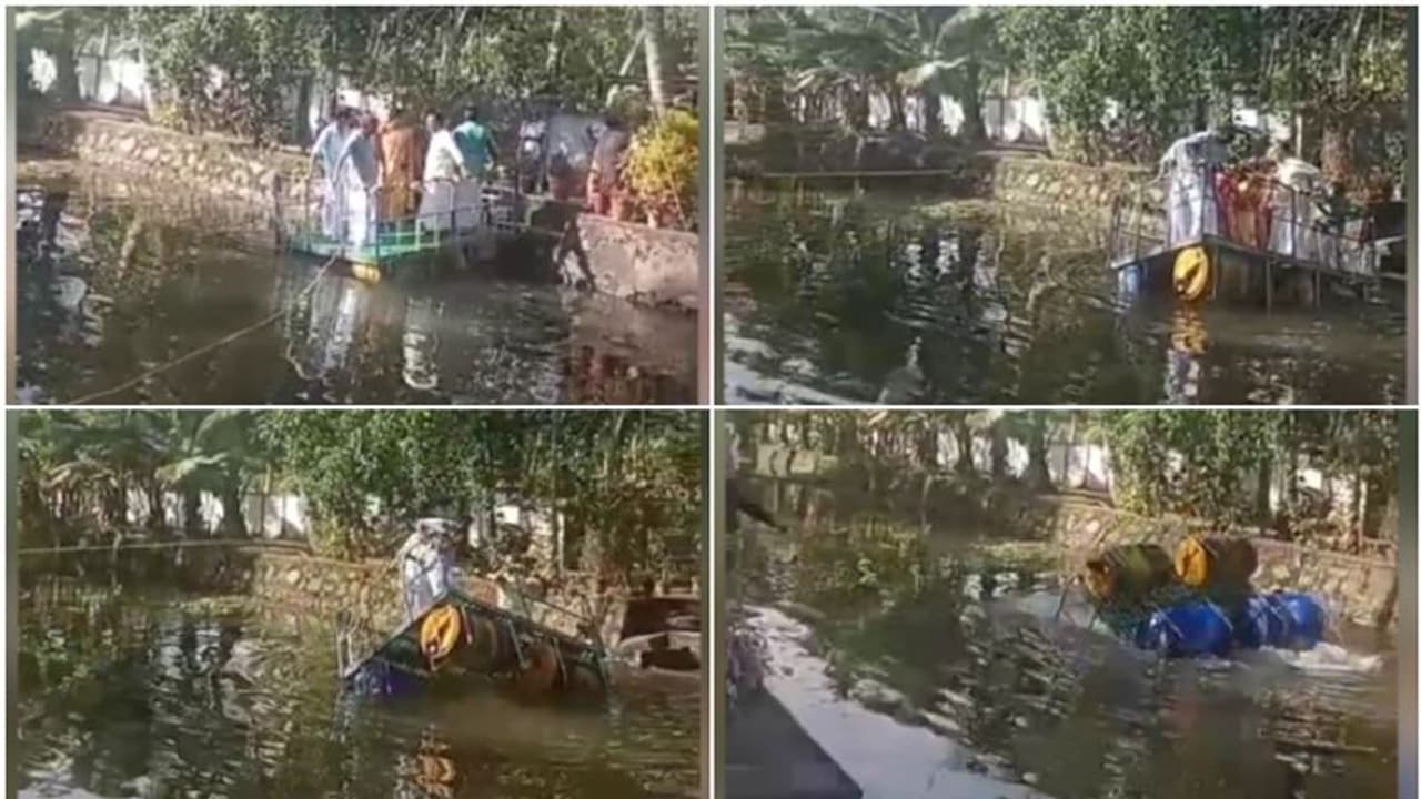 4 വീപ്പകൾ ചേര്‍ത്ത് ചങ്ങാടം, ഉദ്ഘാടന യാത്രയിൽ പഞ്ചായത്ത് പ്രസിഡന്‍റും വൈസ്പ്രസിഡന്‍റും നാട്ടുകാരും വെള്ളത്തിൽ!