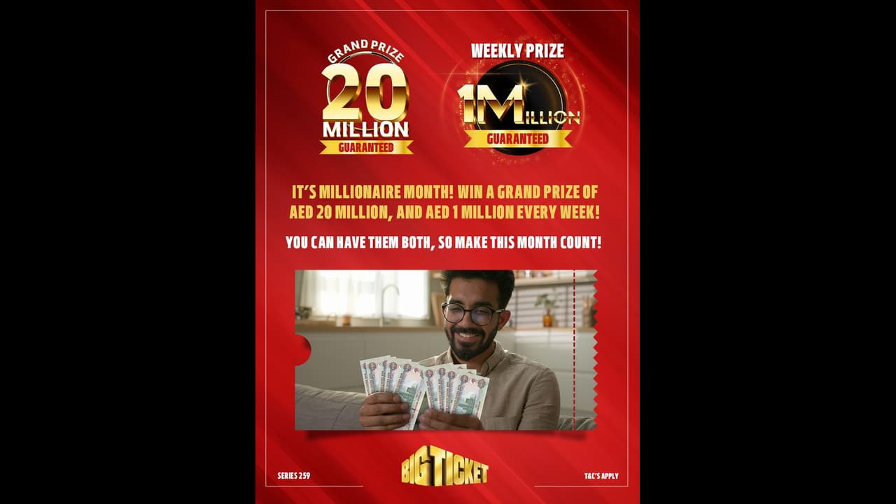 ഡിസംബറിൽ ബിഗ് ടിക്കറ്റ് കളിക്കാം; 20 മില്യൺ ദിർഹം ഗ്രാൻഡ് പ്രൈസ്, ആഴ്ച്ചതോറും ഒരു മില്യൺ ദിർഹം ഡിസംബറിൽ ബിഗ് ടിക്കറ്റ് കളിക്കാം; 20 മില്യൺ ദിർഹം ഗ്രാൻഡ് പ്രൈസ്, ആഴ്ച്ചതോറും ഒരു മില്യൺ ദിർഹം