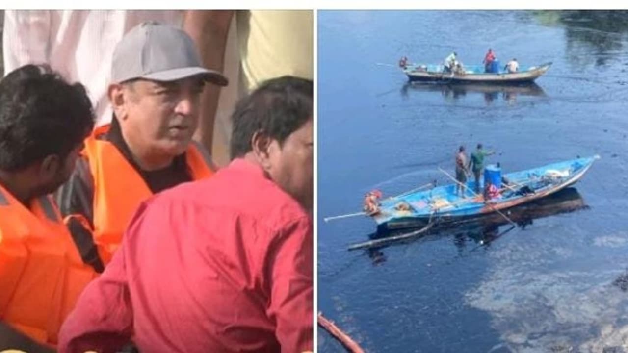 எண்ணூர் கடலில் படகில் சென்று ஆய்வு..! பாத்ரூம் பாக்கெட்டை கொடுத்து அள்ள சொல்லி இருக்காங்க.. சீறும் கமல் எண்ணூர் கடலில் படகில் சென்று ஆய்வு..! பாத்ரூம் பாக்கெட்டை கொடுத்து அள்ள சொல்லி இருக்காங்க.. சீறும் கமல்