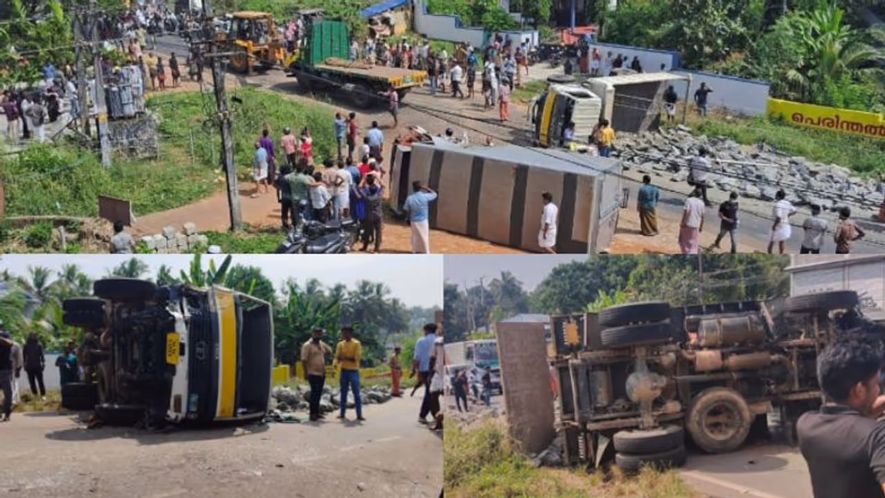 പാലക്കാട് 3 ലോറികൾ കൂട്ടിയിടിച്ചു, 2ലോറികൾ മറിഞ്ഞു, കരിങ്കല്ലുകൾ റോഡിലേക്ക് പതിച്ചു; റോഡിൽ ഗതാഗത സ്തംഭനം