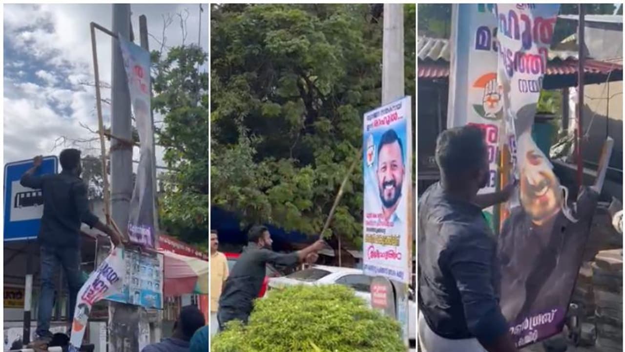 ആക്ഷൻ പറയുമ്പോൾ ഫ്ലെക്സ് കീറും, 'നല്ല പട്ടികയെന്ന്' പ്രവർത്തകൻ; രാഹുലിന്‍റെ ബോർഡുകൾ നശിപ്പിച്ച് ഡിവൈഎഫ്ഐ