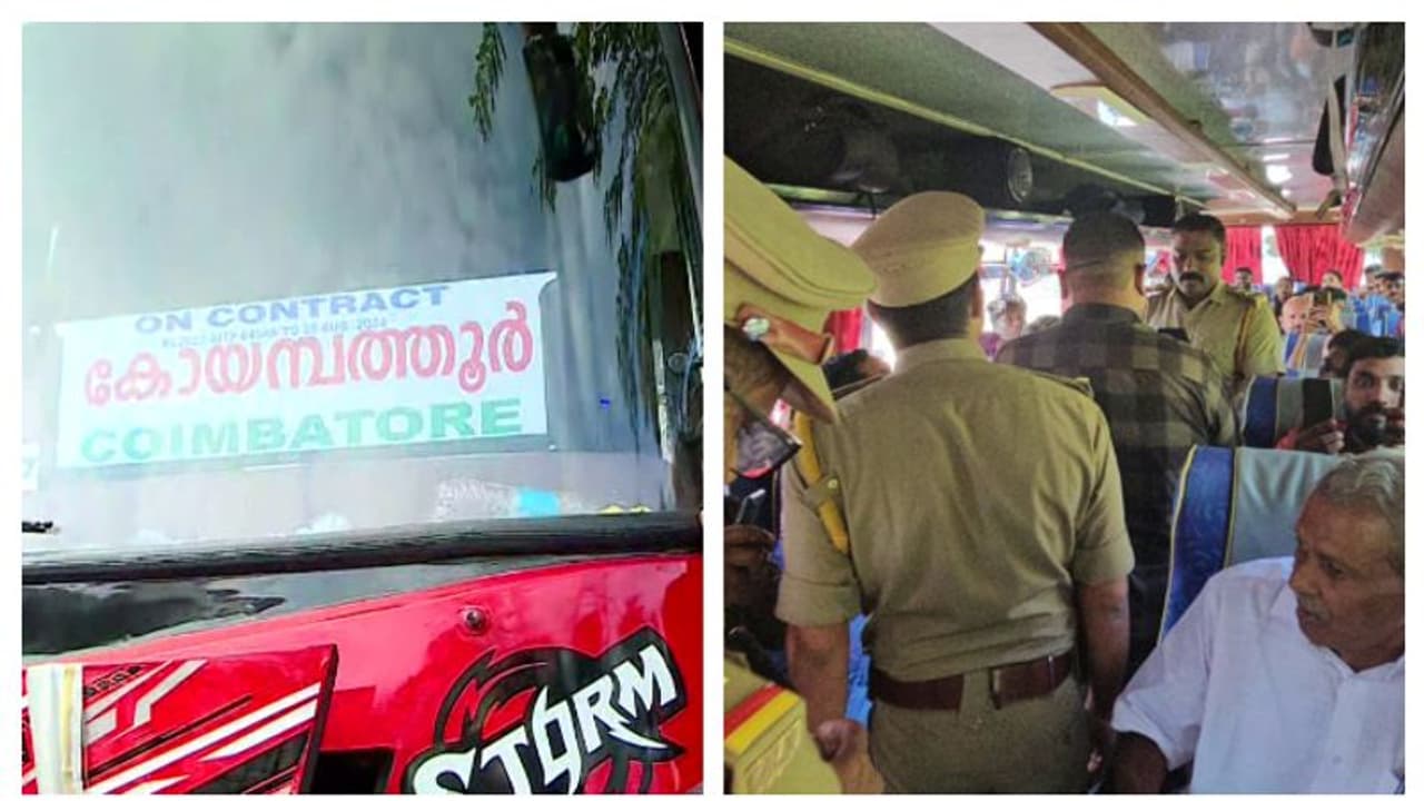 വാളയാറിൽ തടഞ്ഞു, തമിഴ്നാട്ടിൽ പരിശോധിച്ചില്ല; സർവീസ് പൂർത്തിയാക്കി കോയമ്പത്തൂരെത്തി റോബിൻ ബസ് വാളയാറിൽ തടഞ്ഞു, തമിഴ്നാട്ടിൽ പരിശോധിച്ചില്ല; സർവീസ് പൂർത്തിയാക്കി കോയമ്പത്തൂരെത്തി റോബിൻ ബസ്