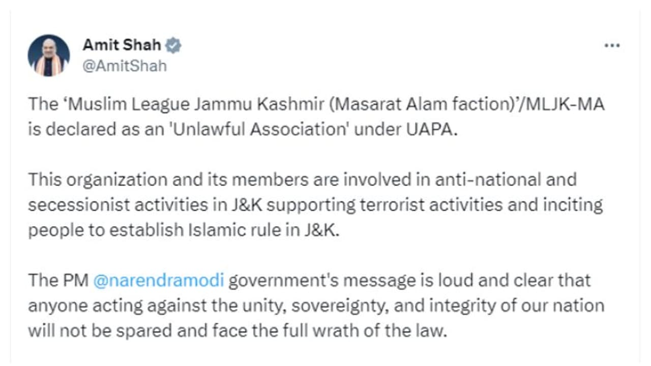 'മുസ്ലിംലീഗ് ജമ്മുകശ്മീര്' സംഘടനയെ കേന്ദ്രം നിരോധിച്ചു 'മുസ്ലിംലീഗ് ജമ്മുകശ്മീര്' സംഘടനയെ കേന്ദ്രം നിരോധിച്ചു
