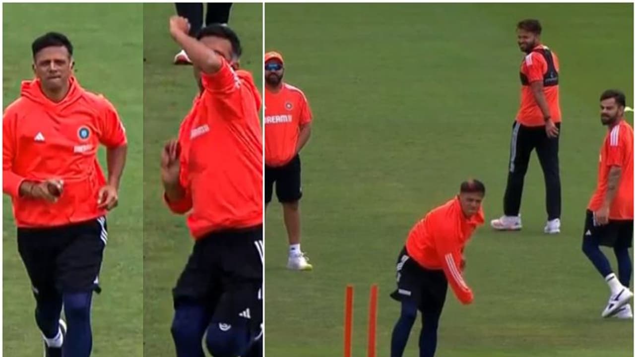 എന്തിനുള്ള പുറപ്പാടാ? പരിശീലനത്തിനിടെ പന്തെറിഞ്ഞ് ദ്രാവിഡ്! അത്ഭുതത്തോടെ കോലി, നിര്‍ദേശം നല്‍കി രോഹിത്