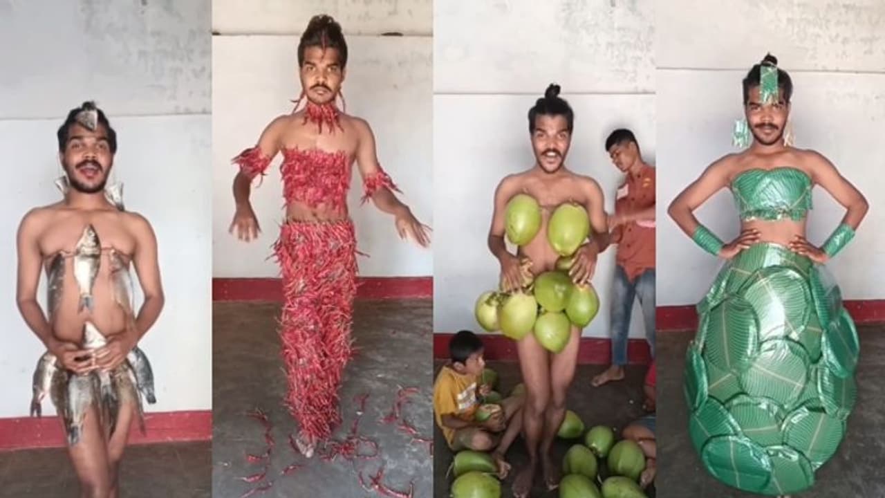 'യെ ക്യാ ഹുവാ'; വസ്ത്രത്തിന് പകരം മീൻ, കരിക്ക്, മുളക് ! വൈറലാണ് വേറെ ലെവലാണ് തരുണ്‍