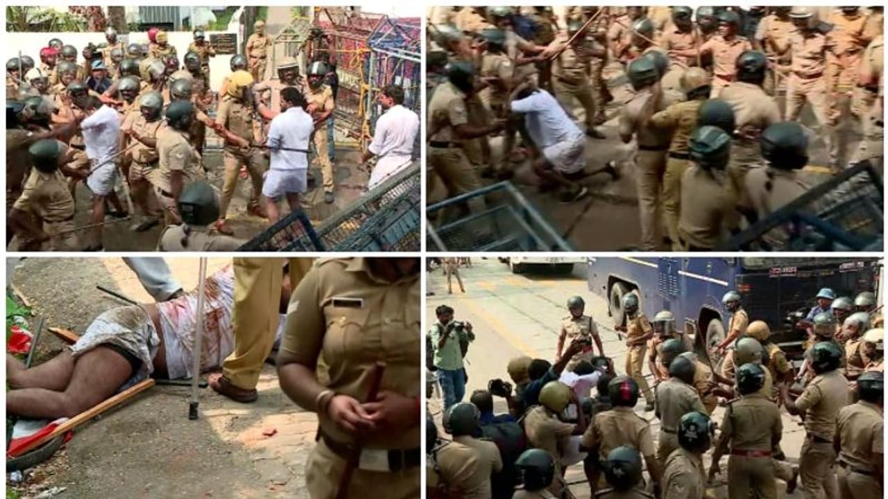 ബാരിക്കേഡ് മറികടന്ന് മുന്നോട്ട്, യൂത്ത് കോൺഗ്രസ് നേതാവിനെ വള‍ഞ്ഞിട്ട് തല്ലി പൊലീസ്; ആലപ്പുഴയിൽ സംഘ‍ര്‍ഷം