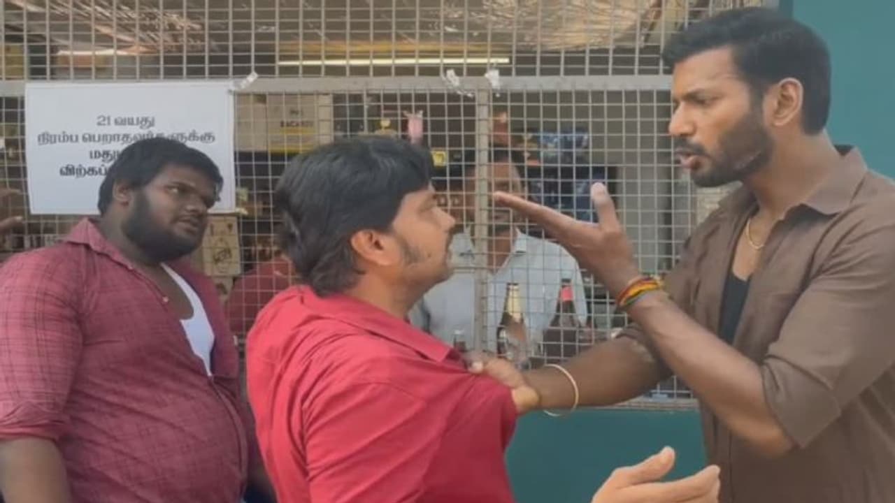 டாஸ்மாக்கில் சரக்கு வாங்க நின்றவர்களை அடித்து விரட்டிய விஷால்... தெறித்தோடிய குடிமகன்கள் வைரல் வீடியோ