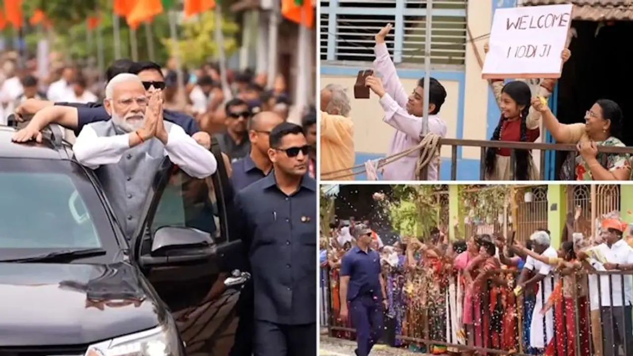 PM Modi holds grand roadshow in Tiruchirappalli, people shower flower petals (WATCH) PM Modi holds grand roadshow in Tiruchirappalli, people shower flower petals (WATCH)