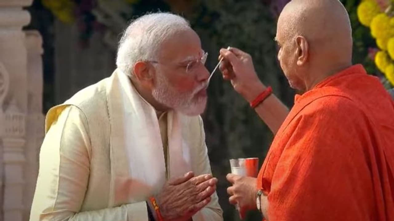 PM Modi breaks 11 day fast after Pran Pratishtha ceremony at Ram Mandir in Ayodhya (WATCH)