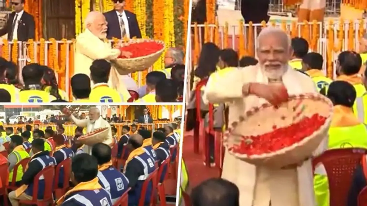 PM Modi honours Ayodhya Ram Mandir's construction workers with flower petals; video wins hearts (WATCH)