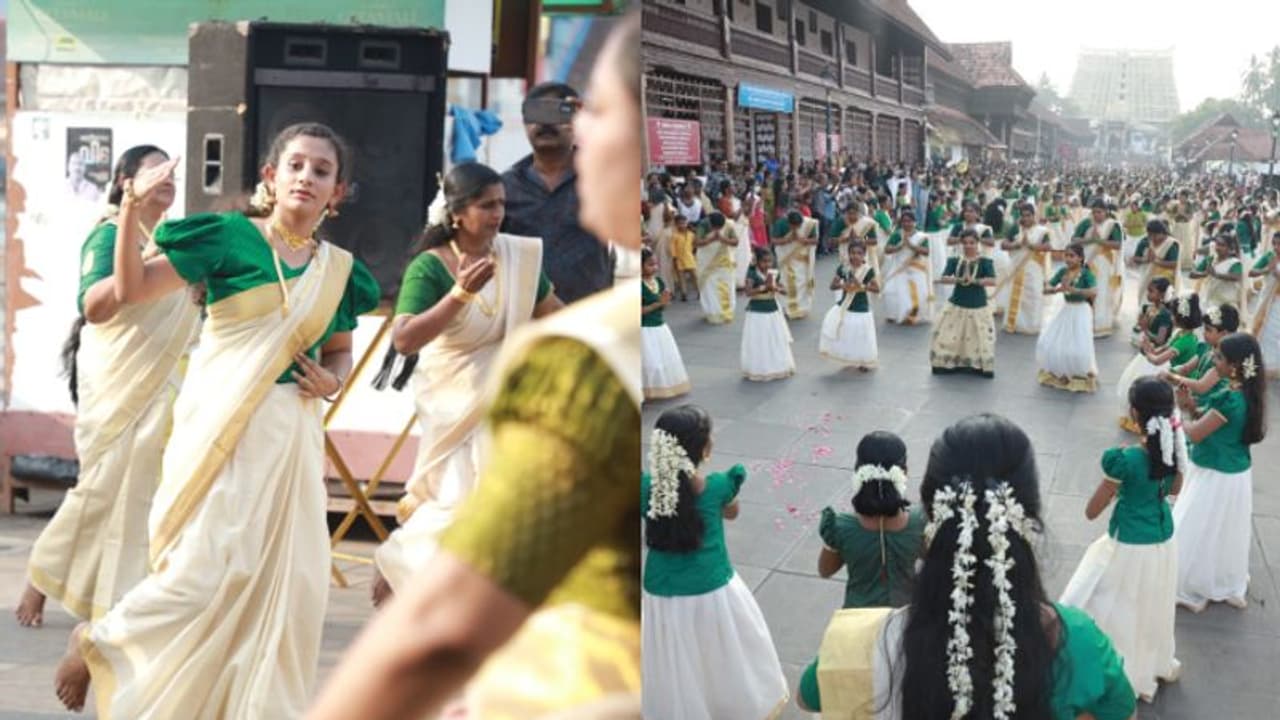 സെറ്റുടുത്ത് അവര് 408 പേര്, സ്വായത്തമാക്കിയ ചുവടുകളിൽ ചടുലഭാവം നിറച്ചാടി, പത്മനാഭന്റെ മുന്നിൽ കലാവിസ്മയം സെറ്റുടുത്ത് അവര് 408 പേര്, സ്വായത്തമാക്കിയ ചുവടുകളിൽ ചടുലഭാവം നിറച്ചാടി, പത്മനാഭന്റെ മുന്നിൽ കലാവിസ്മയം