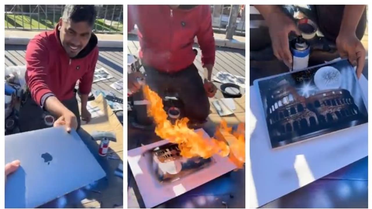 തീ, പിന്നെ തലങ്ങും വിലങ്ങും സ്പ്രേ പെയിന്‍റ്; അഞ്ച് മിനിറ്റിനുള്ളിൽ ആപ്പിൾ ലാപ്ടോപ്പിന് മുകളിൽ 'മാസ്റ്റർപീസ്'