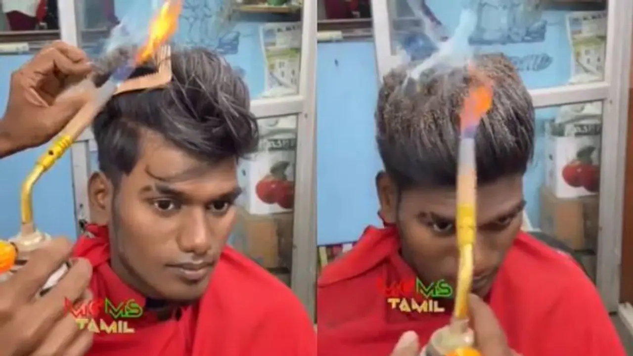 ഉഫ് തീ തന്നെ; കത്രികയില്ല, ചീപ്പും തീയും മാത്രമുപയോ​ഗിച്ച് മുടിമുറിച്ച് ബാർബർ, സംഭവിച്ചത് കണ്ടോ?