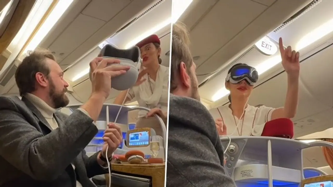 Viral video: Emirates air hostess tries Apple Vision Pro on flight; airline, netizens react (WATCH)